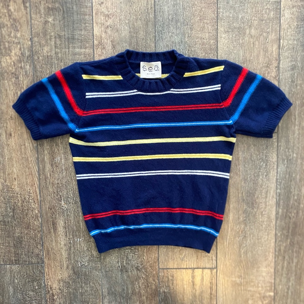 sea new york wool cashmere short sleeve sweater navy w yellow red white stripes